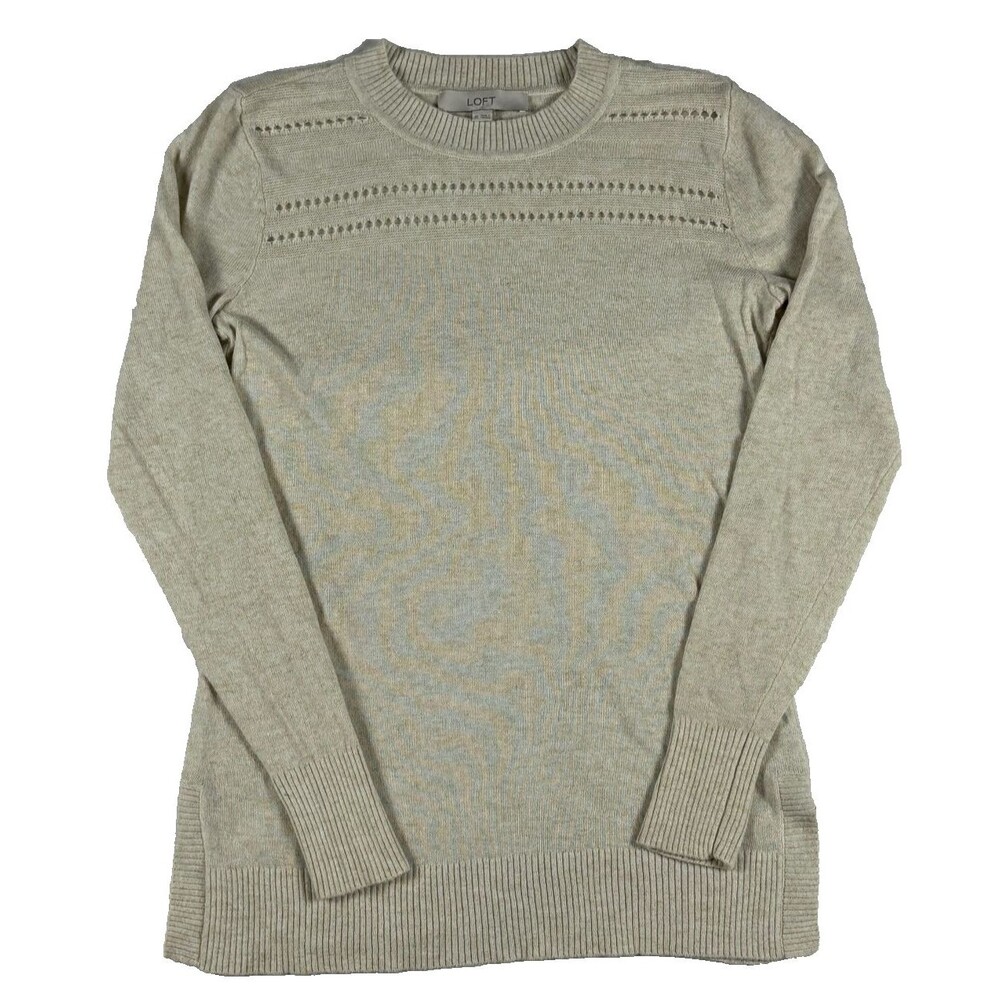 LOFT Women's XS Wool Blend Sweater Ivory Openwork Crewneck Long Sleeve